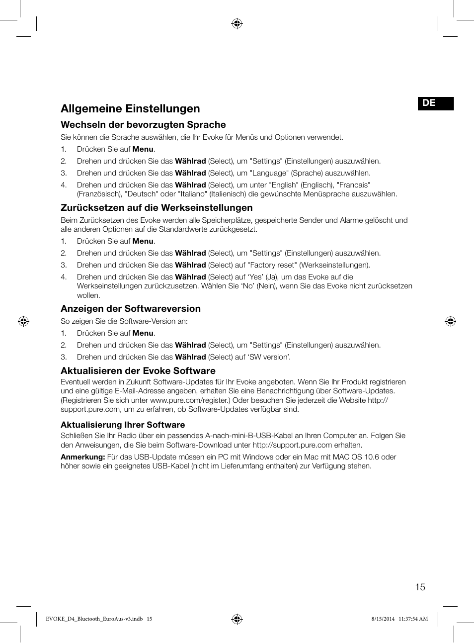 Allgemeine einstellungen | Pure Evoke D4 with Bluetooth User Manual | Page 39 / 136