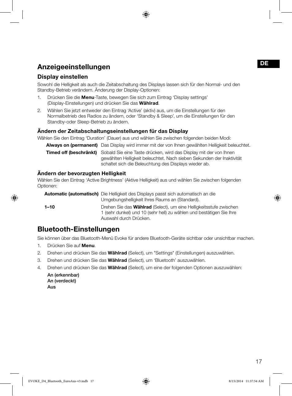 Anzeigeeinstellungen, Bluetooth-einstellungen | Pure Evoke D4 with Bluetooth User Manual | Page 41 / 136