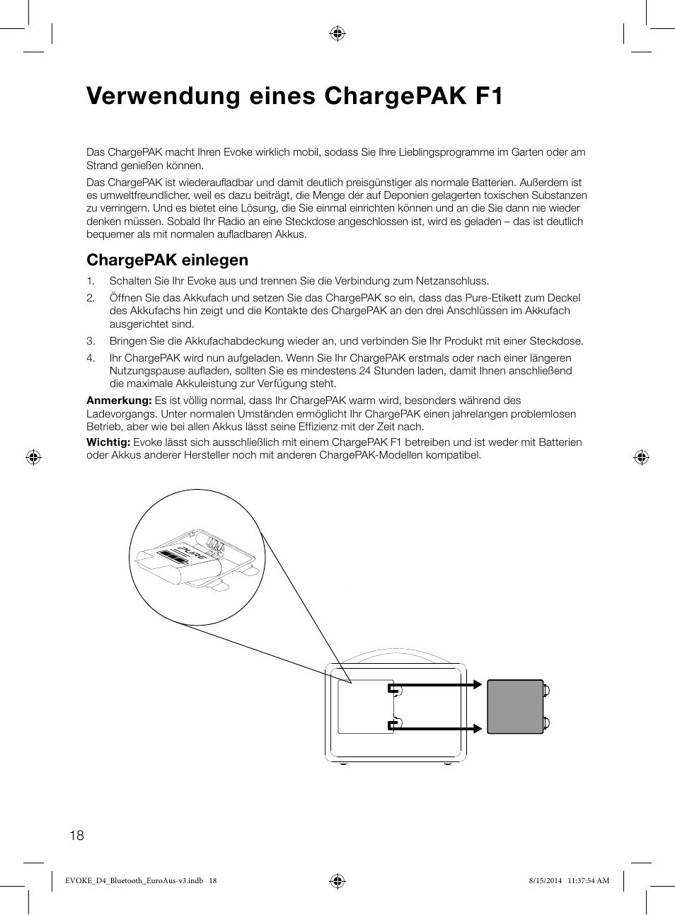Verwendung eines chargepak f1, Chargepak einlegen | Pure Evoke D4 with Bluetooth User Manual | Page 42 / 136