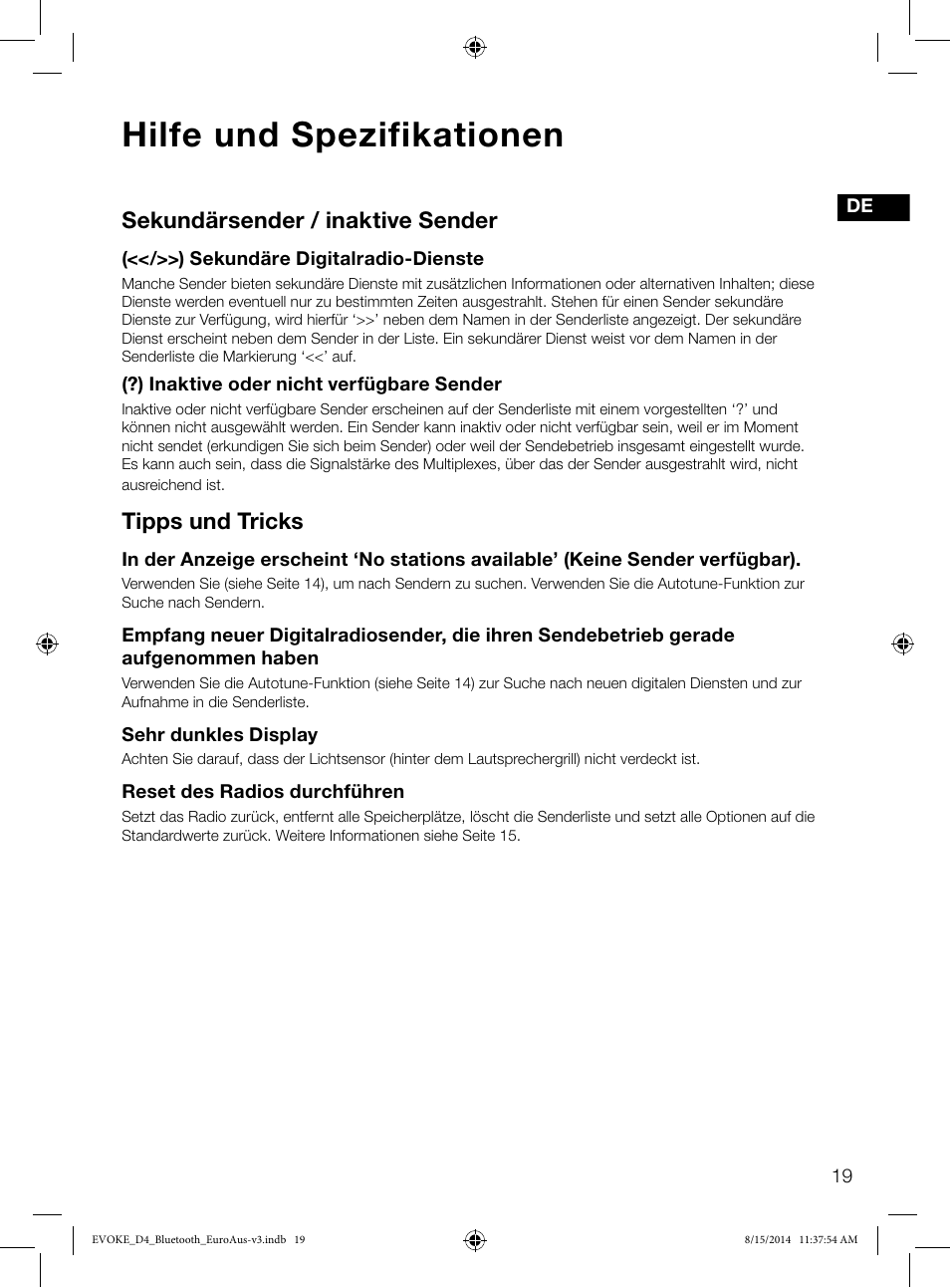 Hilfe und spezifikationen, Sekundärsender / inaktive sender, Tipps und tricks | Pure Evoke D4 with Bluetooth User Manual | Page 43 / 136