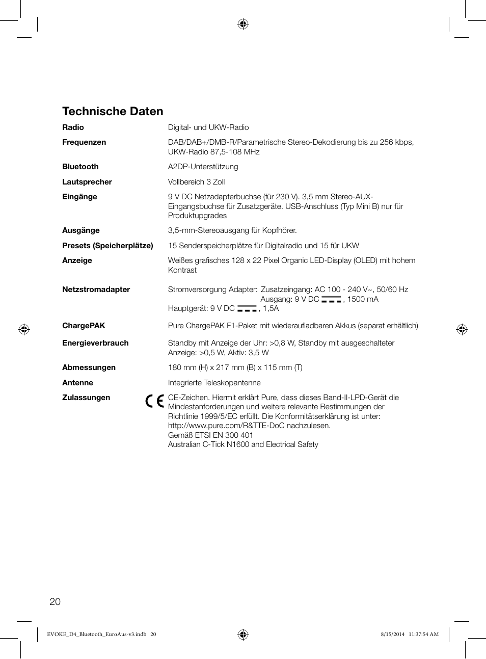 Technische daten | Pure Evoke D4 with Bluetooth User Manual | Page 44 / 136