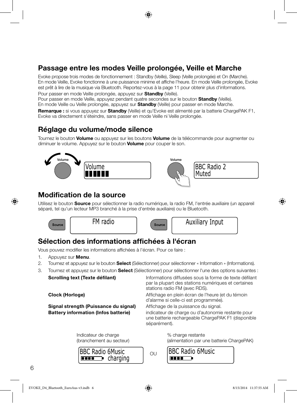 Volume fm radio, Bbc radio 6music 50, Réglage du volume/mode silence | Modification de la source, Muted bbc radio 2 auxiliary input, Sélection des informations affichées à l'écran, Bbc radio 6music charging | Pure Evoke D4 with Bluetooth User Manual | Page 52 / 136