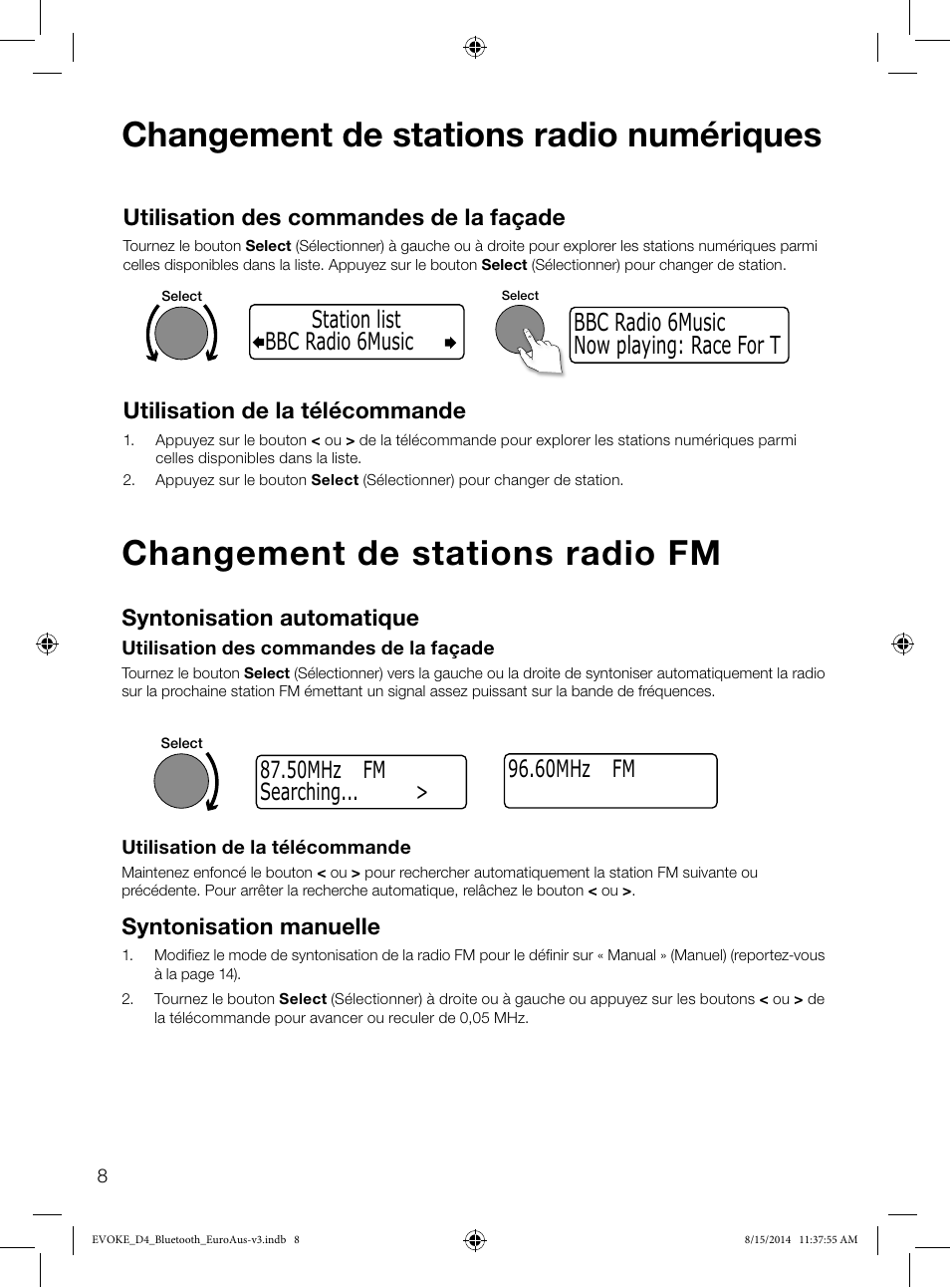 Changement de stations radio numériques, Changement de stations radio fm, 60mhz fm | Utilisation des commandes de la façade, Utilisation de la télécommande, Syntonisation automatique, Syntonisation manuelle, 50mhz fm searching | Pure Evoke D4 with Bluetooth User Manual | Page 54 / 136
