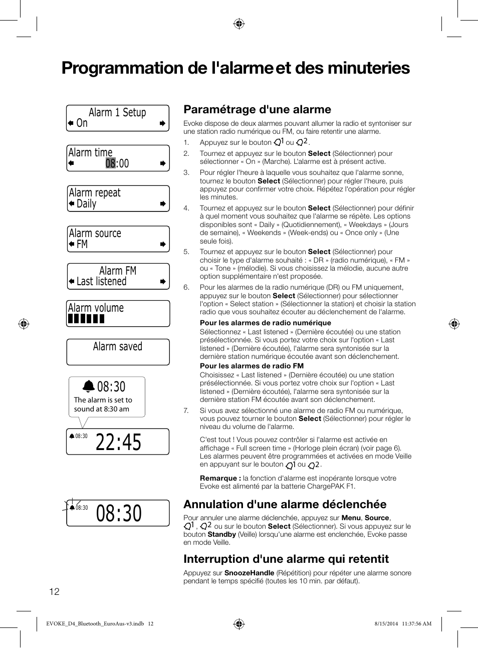 Programmation de l'alarme et des minuteries, Paramétrage d'une alarme, Annulation d'une alarme déclenchée | Interruption d'une alarme qui retentit, Alarm saved | Pure Evoke D4 with Bluetooth User Manual | Page 58 / 136