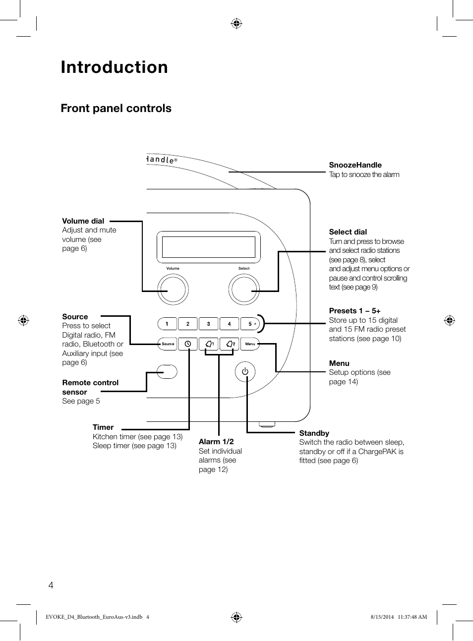 Introduction, Front panel controls | Pure Evoke D4 with Bluetooth User Manual | Page 6 / 136