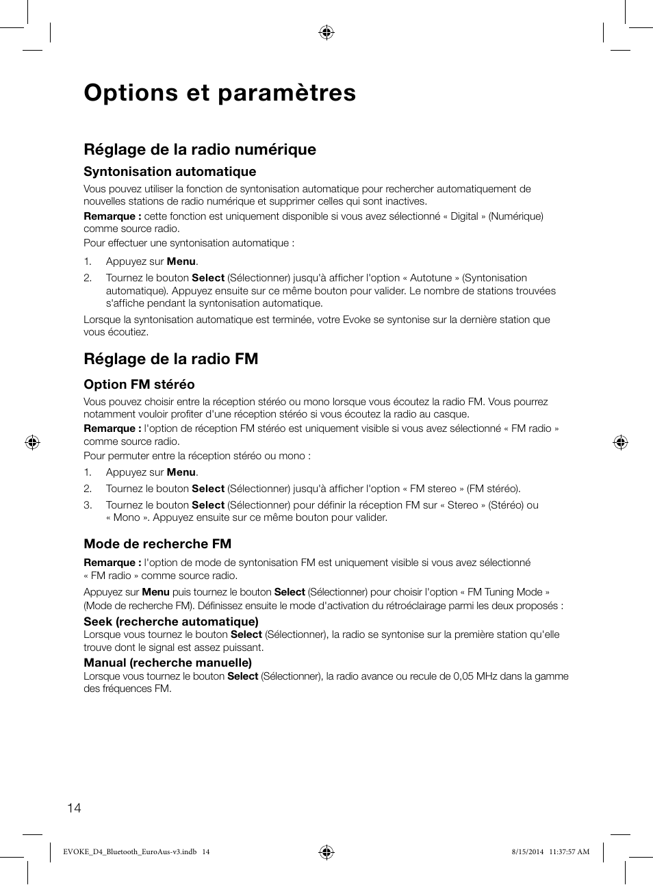 Options et paramètres, Réglage de la radio numérique, Réglage de la radio fm | Pure Evoke D4 with Bluetooth User Manual | Page 60 / 136