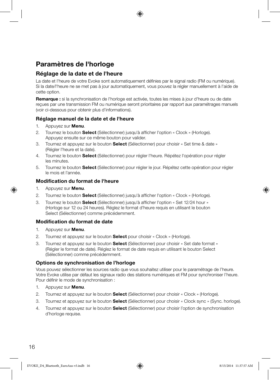 Paramètres de l'horloge, Réglage de la date et de l'heure | Pure Evoke D4 with Bluetooth User Manual | Page 62 / 136