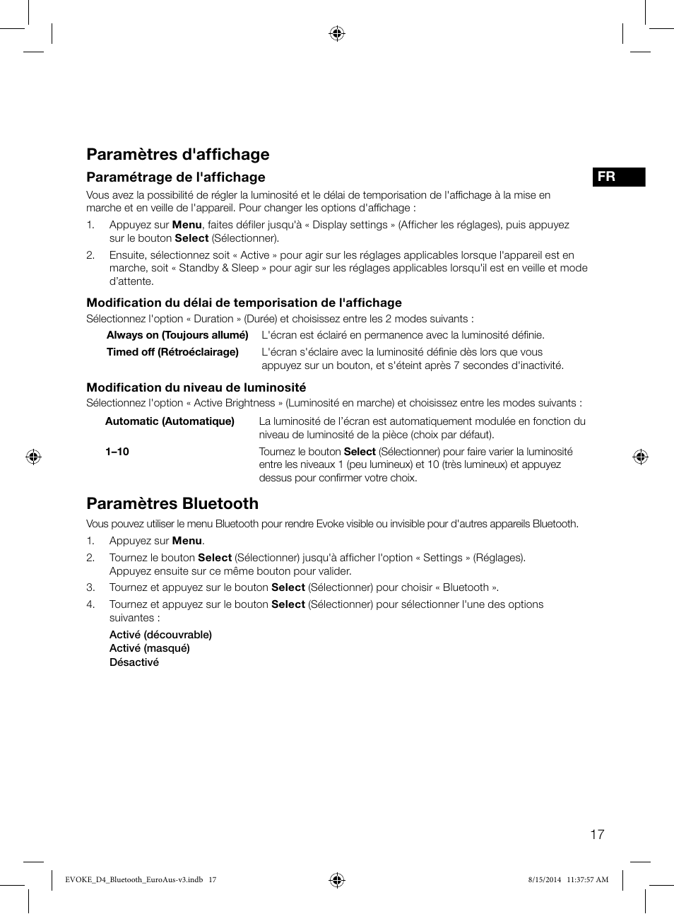 Paramètres d'affichage, Paramètres bluetooth | Pure Evoke D4 with Bluetooth User Manual | Page 63 / 136