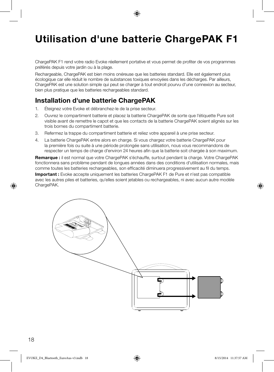 Utilisation d'une batterie chargepak f1, Installation d'une batterie chargepak | Pure Evoke D4 with Bluetooth User Manual | Page 64 / 136