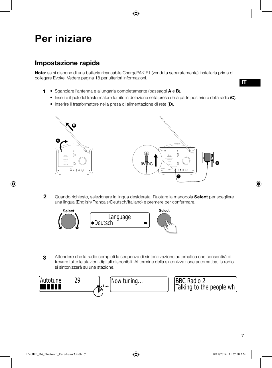Per iniziare, Talking to the people wh bbc radio 2, Impostazione rapida | Now tuning, Deutsch language, Autotune 29, Es it | Pure Evoke D4 with Bluetooth User Manual | Page 75 / 136