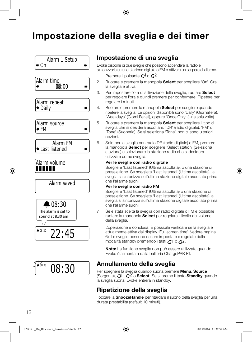 Impostazione della sveglia e dei timer, Impostazione di una sveglia, Annullamento della sveglia | Ripetizione della sveglia, Alarm saved | Pure Evoke D4 with Bluetooth User Manual | Page 80 / 136