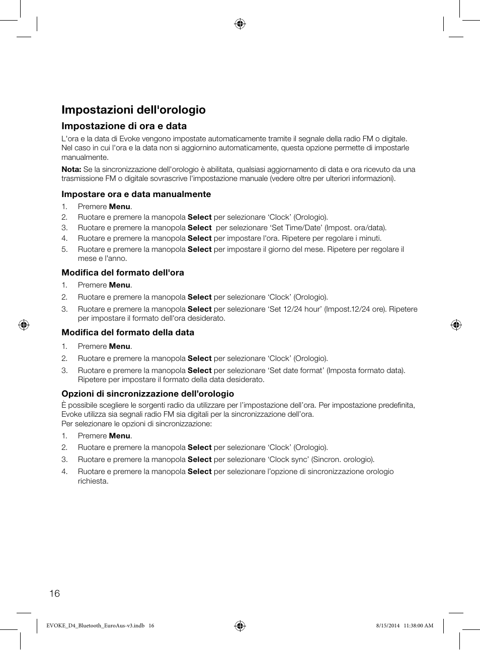 Impostazioni dell'orologio, Impostazione di ora e data | Pure Evoke D4 with Bluetooth User Manual | Page 84 / 136