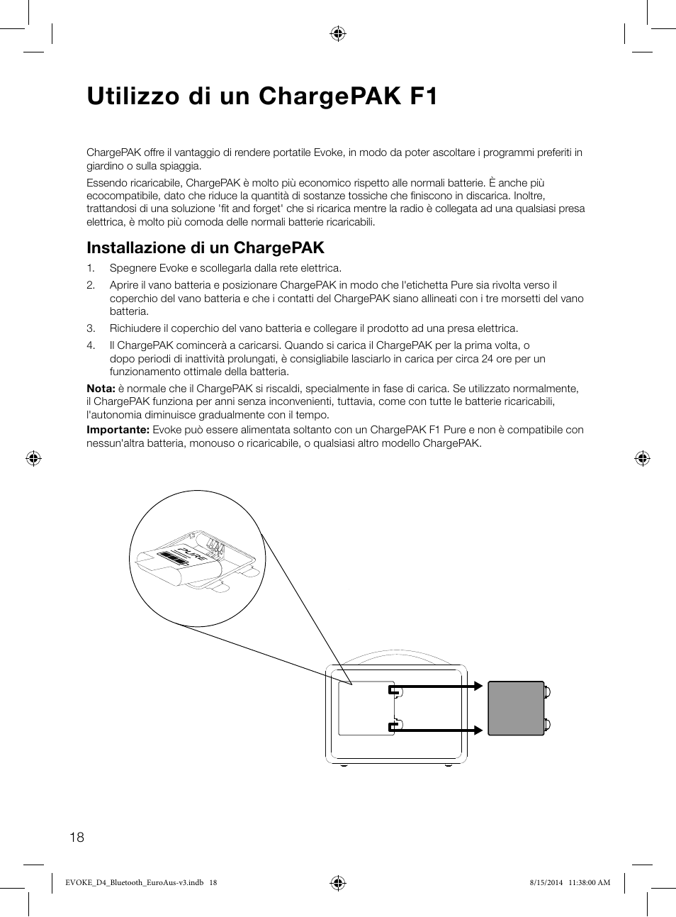 Utilizzo di un chargepak f1, Installazione di un chargepak | Pure Evoke D4 with Bluetooth User Manual | Page 86 / 136