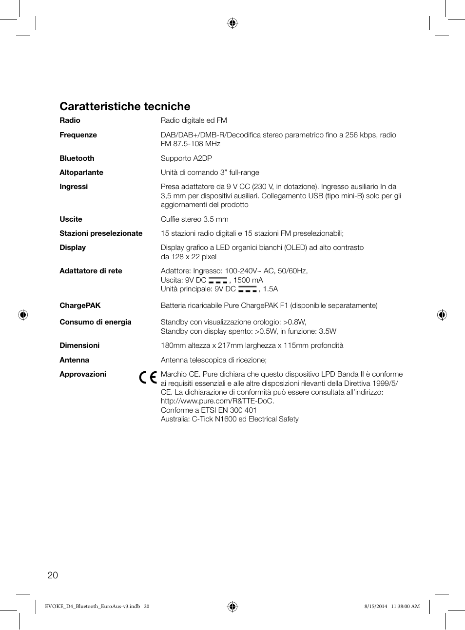 Caratteristiche tecniche | Pure Evoke D4 with Bluetooth User Manual | Page 88 / 136