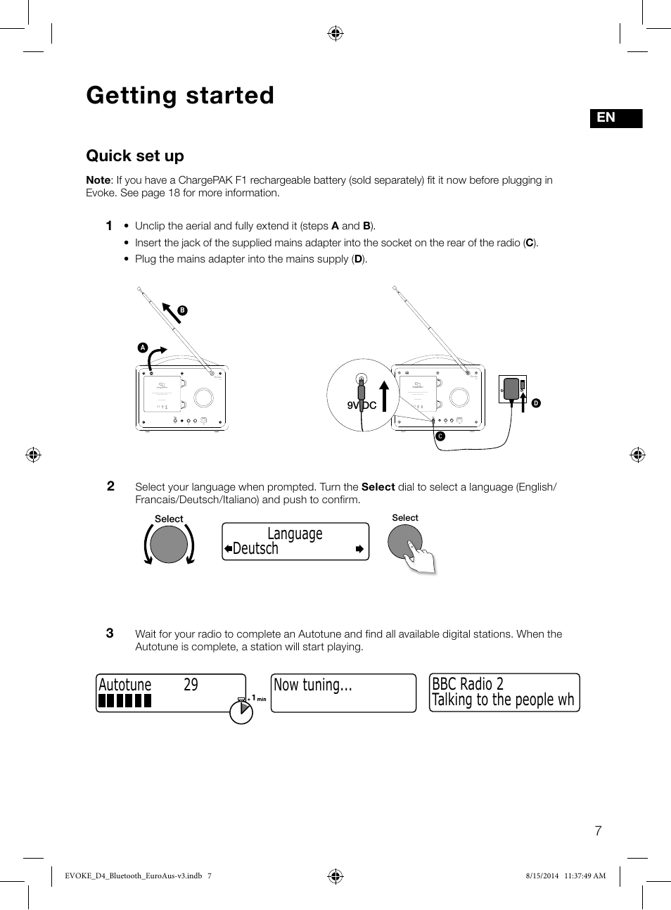 Getting started, Now tuning... talking to the people wh bbc radio 2, Quick set up | Deutsch language, Autotune 29 | Pure Evoke D4 with Bluetooth User Manual | Page 9 / 136