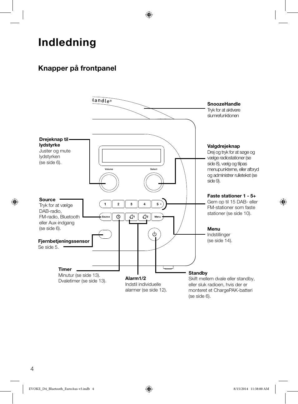 Indledning, Knapper på frontpanel | Pure Evoke D4 with Bluetooth User Manual | Page 94 / 136