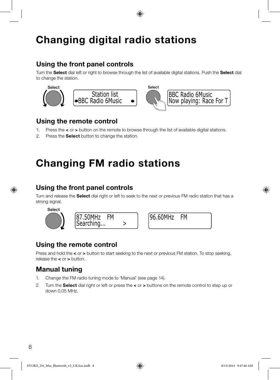 Changing digital radio stations, Changing fm radio stations, Using the front panel controls | Using the remote control, Manual tuning | Pure Evoke D4 Mio with Bluetooth User Manual | Page 10 / 28