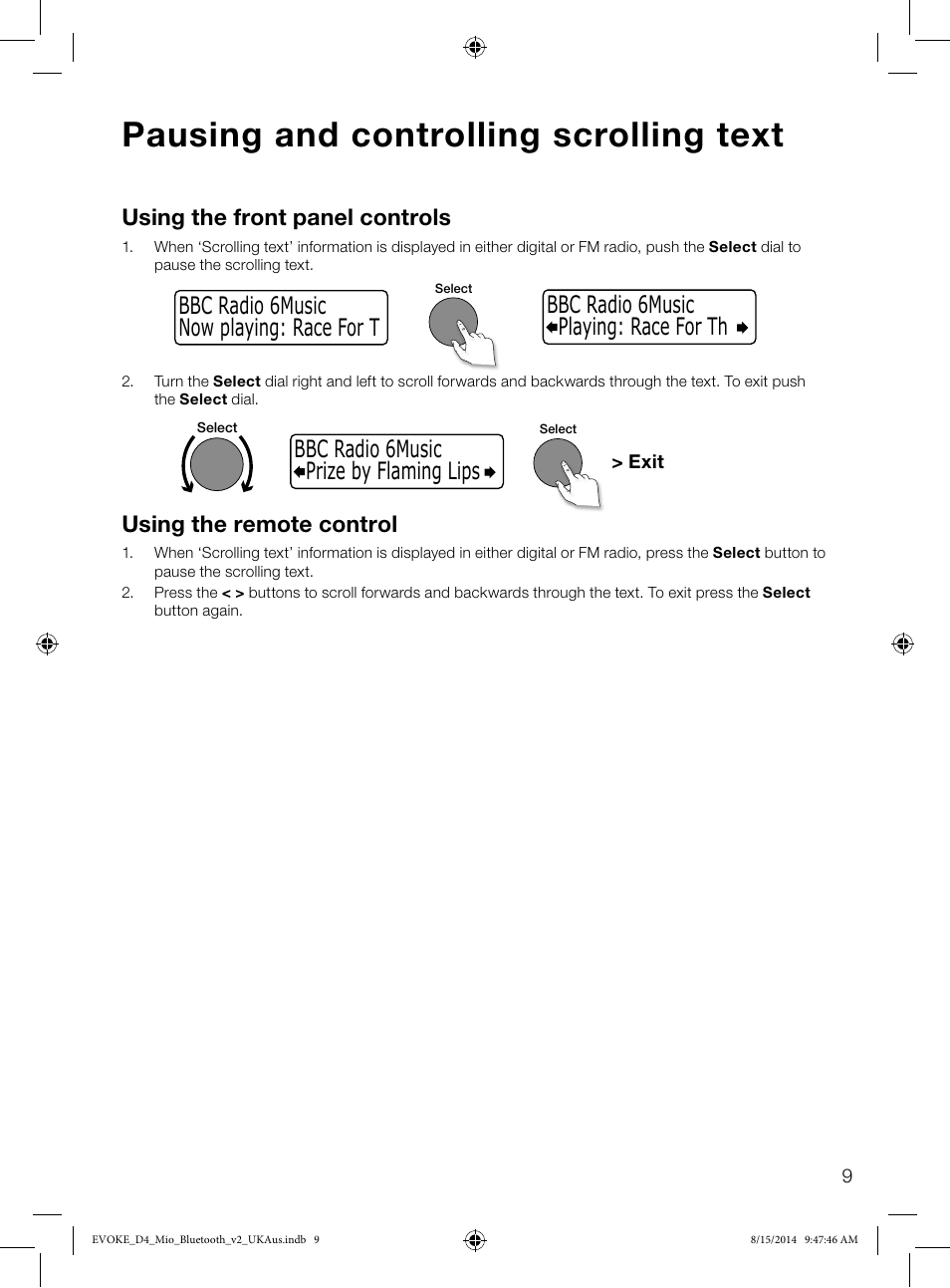 Pausing and controlling scrolling text, Using the front panel controls, Using the remote control | Pure Evoke D4 Mio with Bluetooth User Manual | Page 11 / 28
