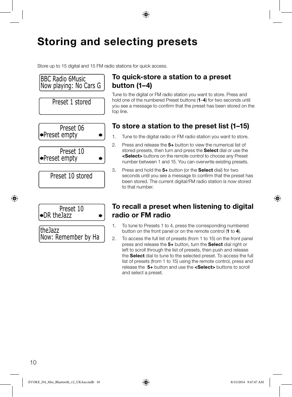 Storing and selecting presets | Pure Evoke D4 Mio with Bluetooth User Manual | Page 12 / 28