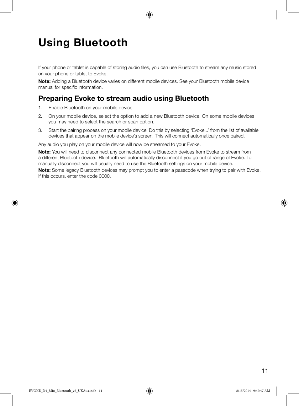 Using bluetooth, Preparing evoke to stream audio using bluetooth | Pure Evoke D4 Mio with Bluetooth User Manual | Page 13 / 28