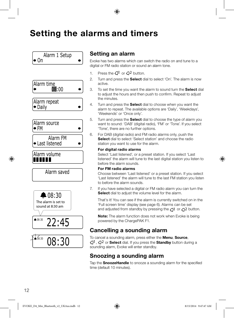 Setting the alarms and timers, Setting an alarm, Cancelling a sounding alarm | Snoozing a sounding alarm, Alarm volume, Alarm saved | Pure Evoke D4 Mio with Bluetooth User Manual | Page 14 / 28