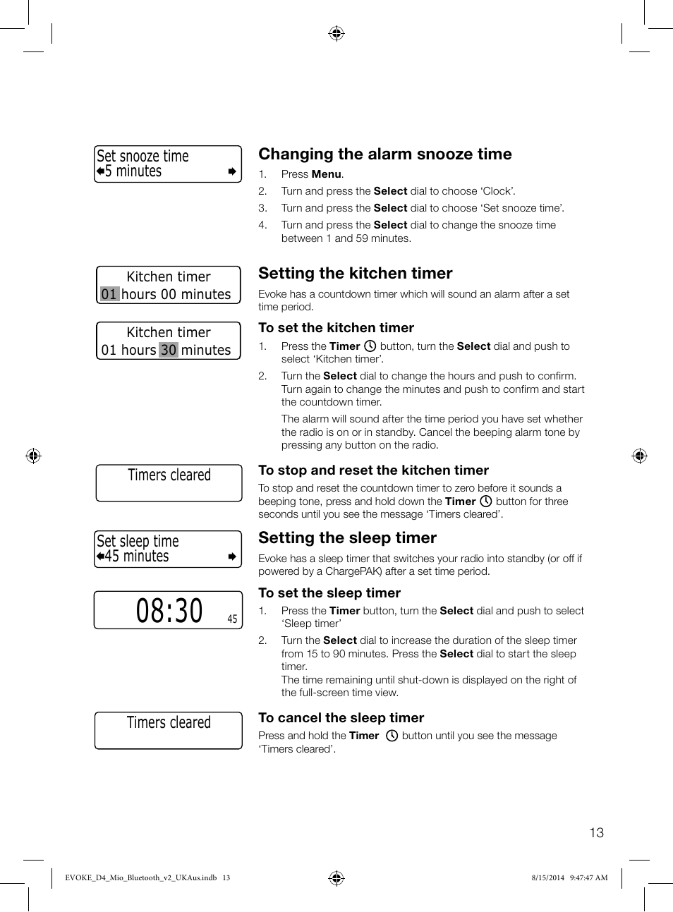 Changing the alarm snooze time, Setting the kitchen timer, Setting the sleep timer | 45 minutes set sleep time, 5 minutes set snooze time, Timers cleared | Pure Evoke D4 Mio with Bluetooth User Manual | Page 15 / 28
