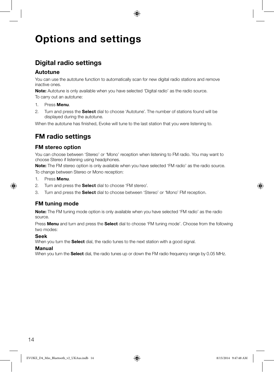 Options and settings, Digital radio settings, Fm radio settings | Pure Evoke D4 Mio with Bluetooth User Manual | Page 16 / 28
