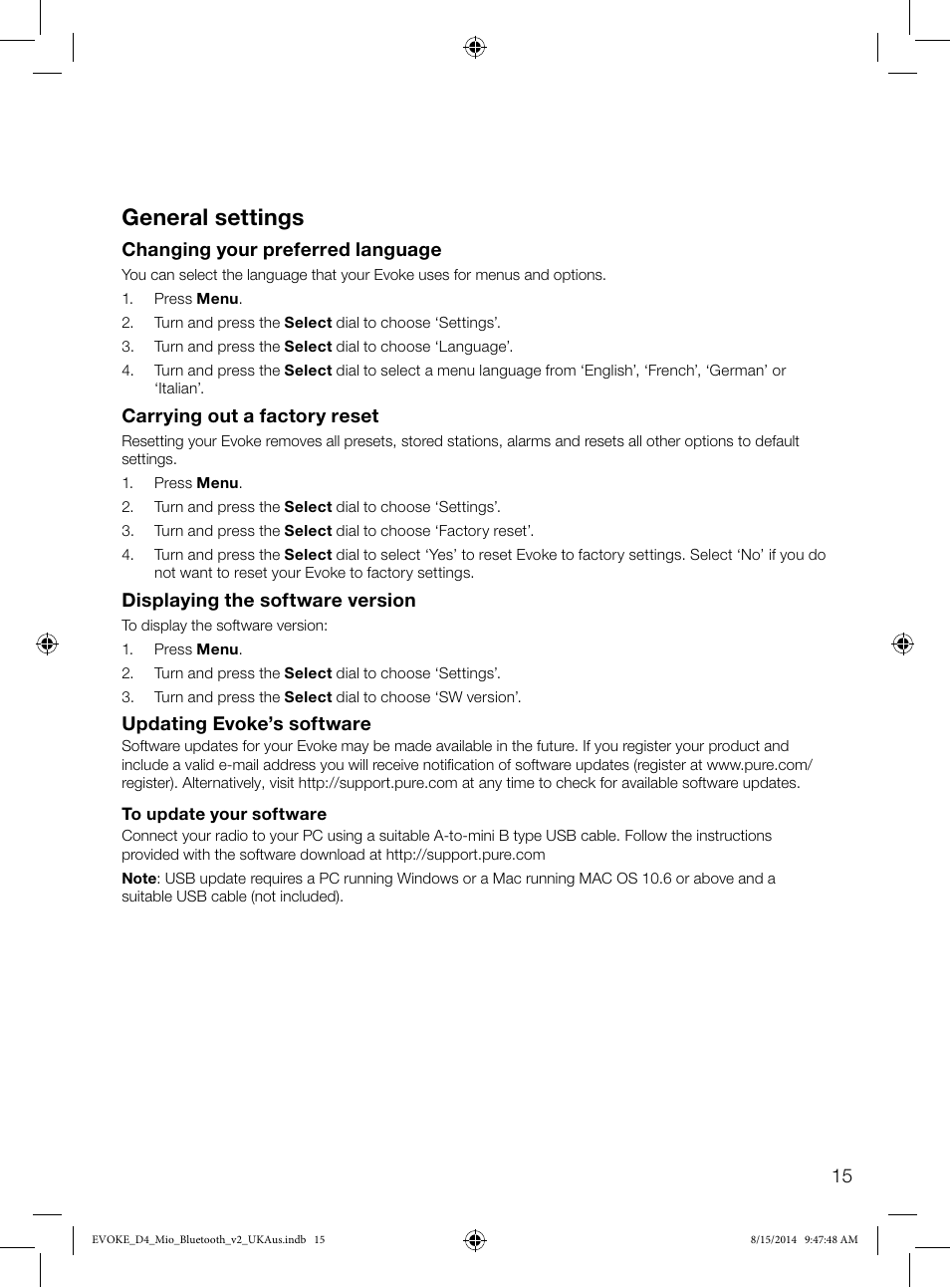 General settings | Pure Evoke D4 Mio with Bluetooth User Manual | Page 17 / 28