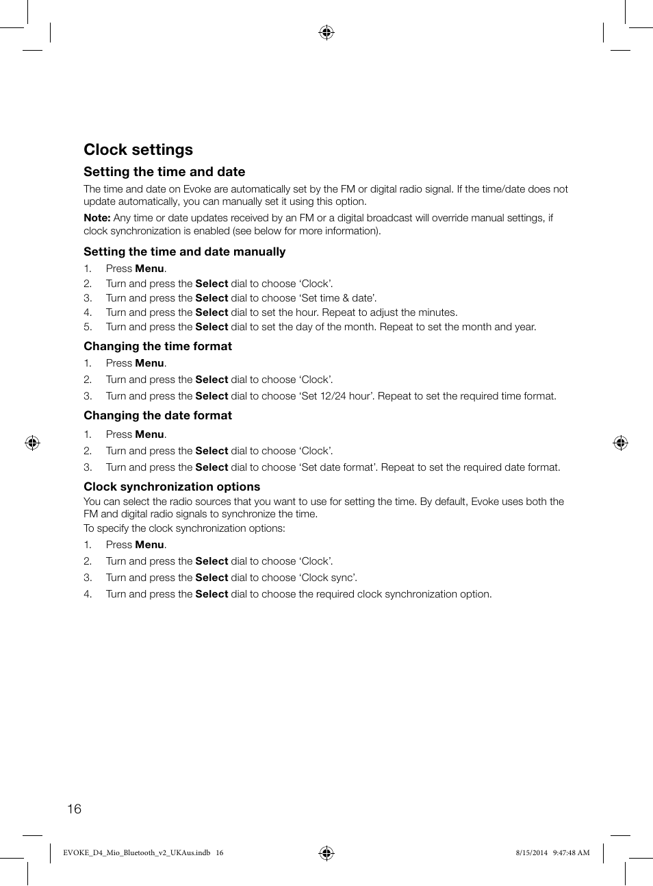Clock settings, Setting the time and date | Pure Evoke D4 Mio with Bluetooth User Manual | Page 18 / 28