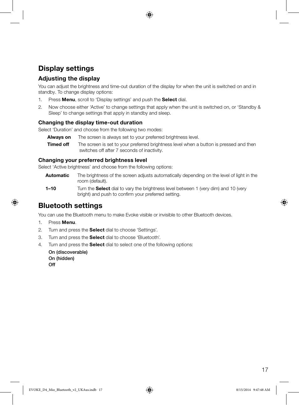 Display settings, Bluetooth settings | Pure Evoke D4 Mio with Bluetooth User Manual | Page 19 / 28