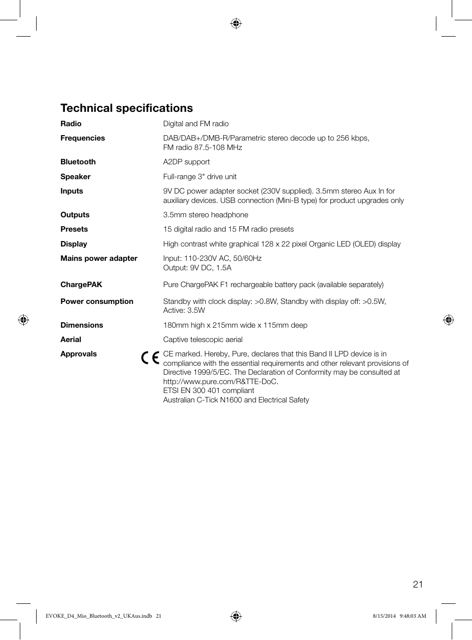 Technical specifications | Pure Evoke D4 Mio with Bluetooth User Manual | Page 23 / 28