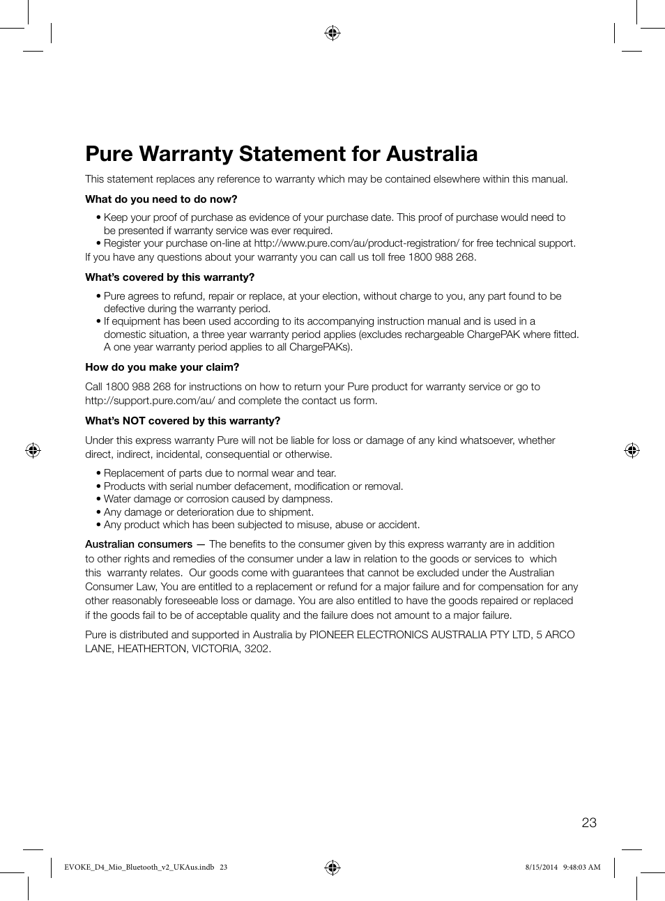 Pure warranty statement for australia | Pure Evoke D4 Mio with Bluetooth User Manual | Page 25 / 28