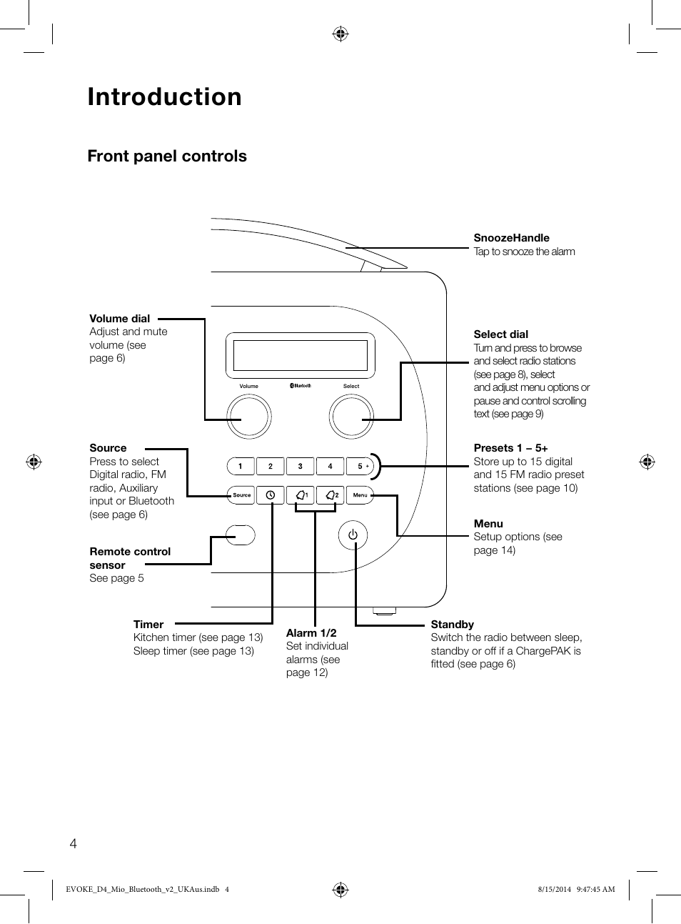 Introduction, Front panel controls | Pure Evoke D4 Mio with Bluetooth User Manual | Page 6 / 28