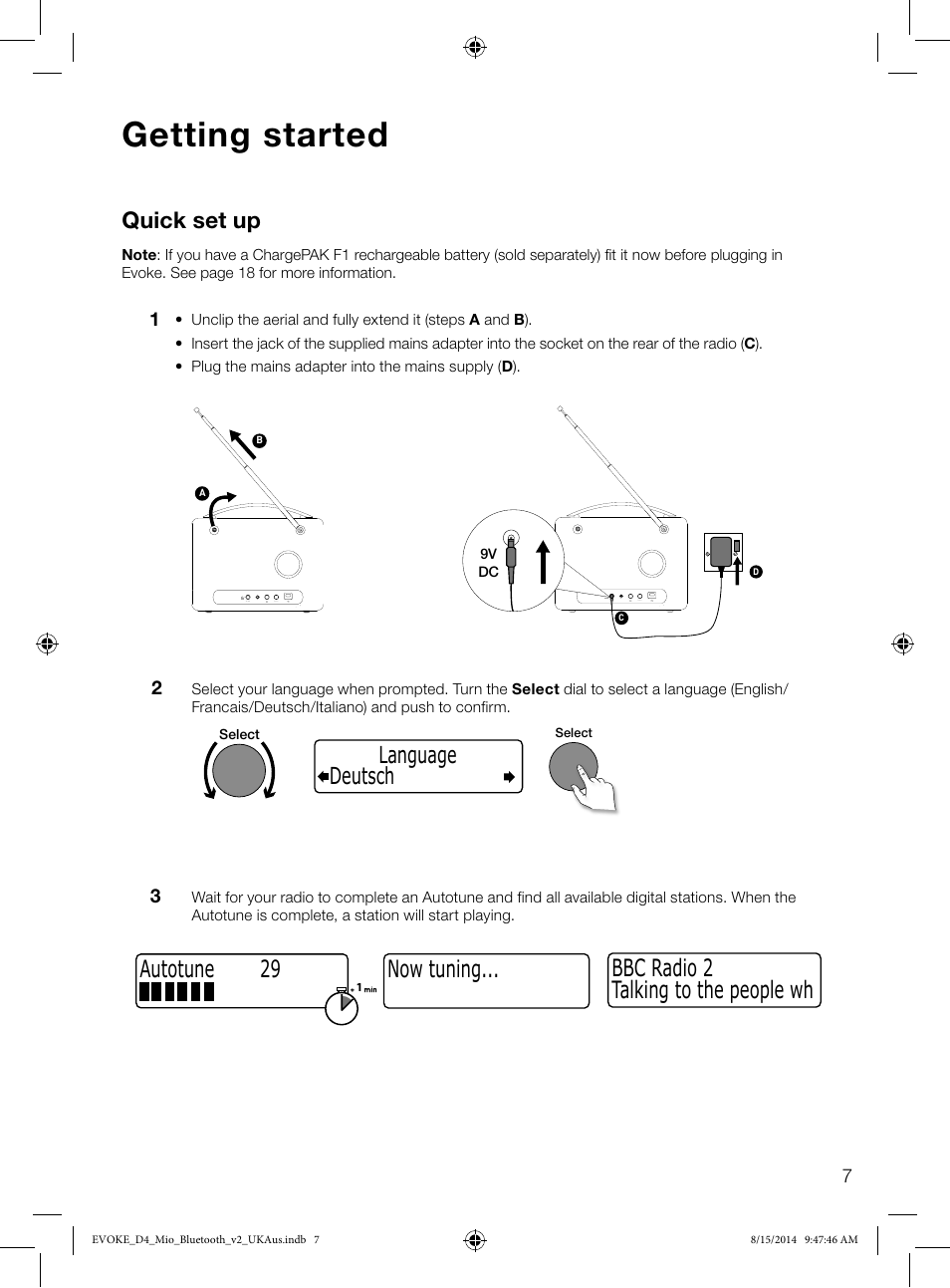 Getting started, Now tuning... talking to the people wh bbc radio 2, Quick set up | Deutsch language, Autotune 29 | Pure Evoke D4 Mio with Bluetooth User Manual | Page 9 / 28