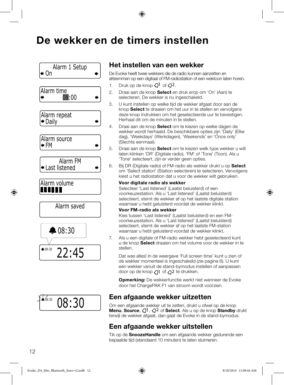 De wekker en de timers instellen, Het instellen van een wekker, Een afgaande wekker uitzetten | Een afgaande wekker uitstellen, Alarm saved | Pure Evoke D4 Mio with Bluetooth User Manual | Page 102 / 116