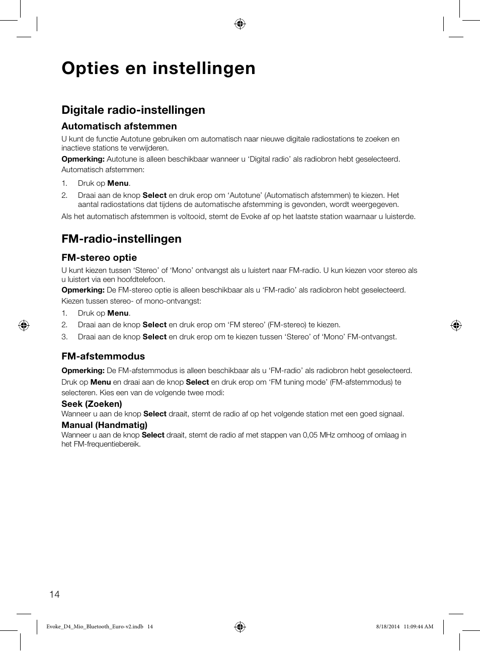 Opties en instellingen, Digitale radio-instellingen, Fm-radio-instellingen | Pure Evoke D4 Mio with Bluetooth User Manual | Page 104 / 116