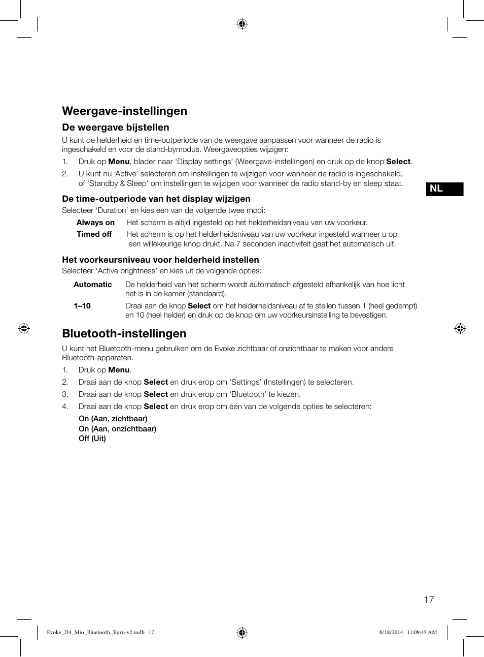 Weergave-instellingen, Bluetooth-instellingen | Pure Evoke D4 Mio with Bluetooth User Manual | Page 107 / 116