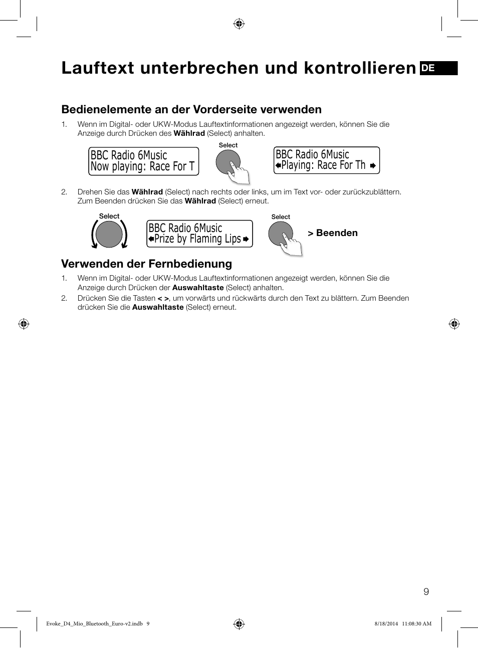 Lauftext unterbrechen und kontrollieren, Now playing: race for t bbc radio 6music, Bedienelemente an der vorderseite verwenden | Verwenden der fernbedienung | Pure Evoke D4 Mio with Bluetooth User Manual | Page 11 / 116
