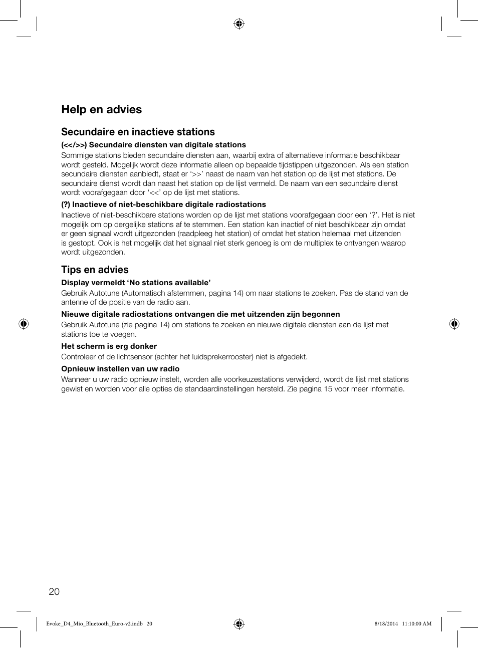 Help en advies, Secundaire en inactieve stations, Tips en advies | Pure Evoke D4 Mio with Bluetooth User Manual | Page 110 / 116