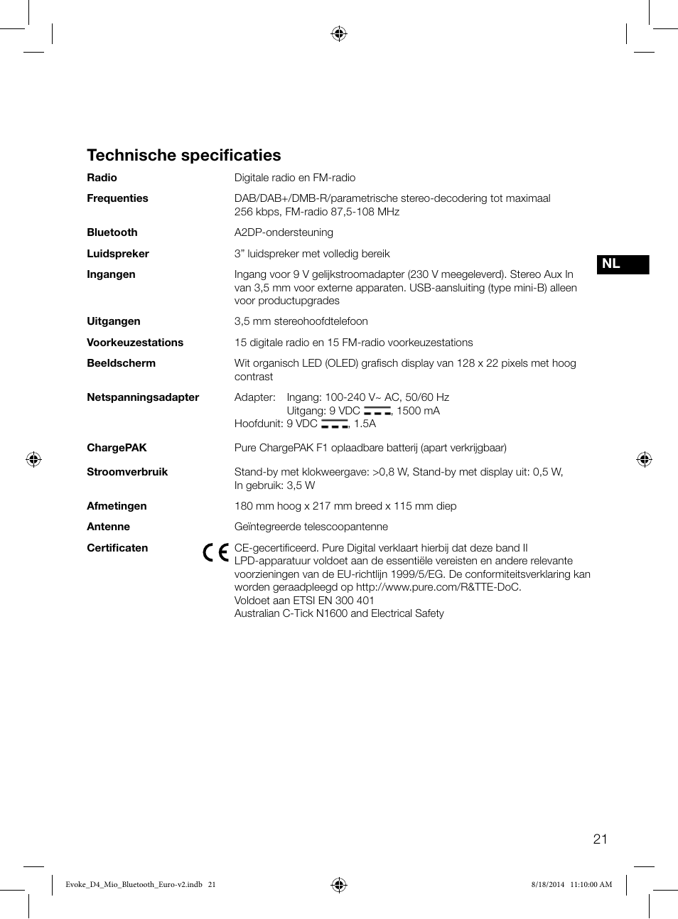 Technische specificaties | Pure Evoke D4 Mio with Bluetooth User Manual | Page 111 / 116