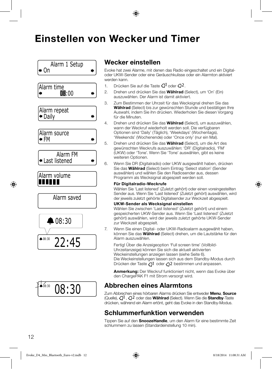 Einstellen von wecker und timer, Wecker einstellen, Abbrechen eines alarmtons | Schlummerfunktion verwenden, Alarm saved | Pure Evoke D4 Mio with Bluetooth User Manual | Page 14 / 116