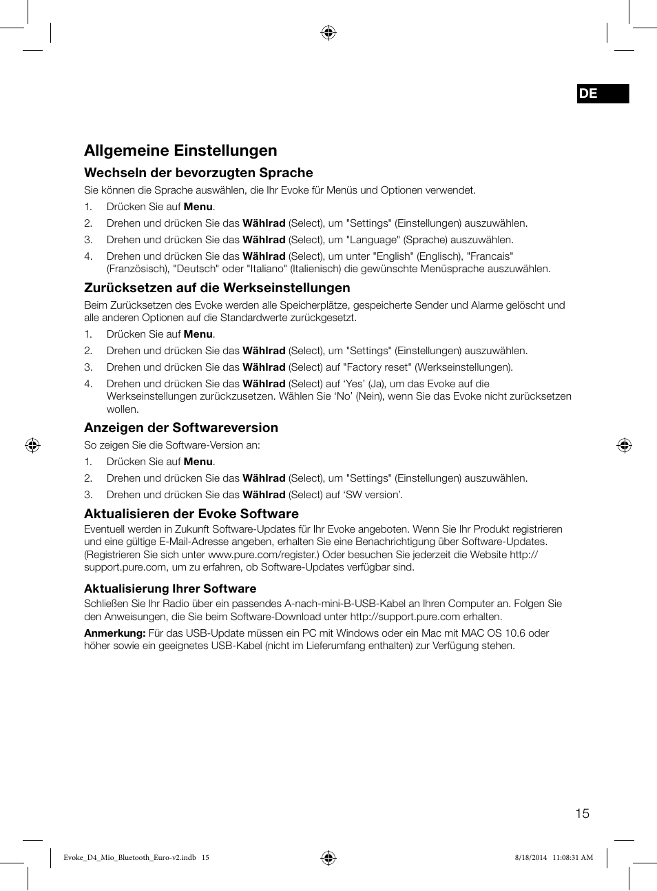 Allgemeine einstellungen | Pure Evoke D4 Mio with Bluetooth User Manual | Page 17 / 116