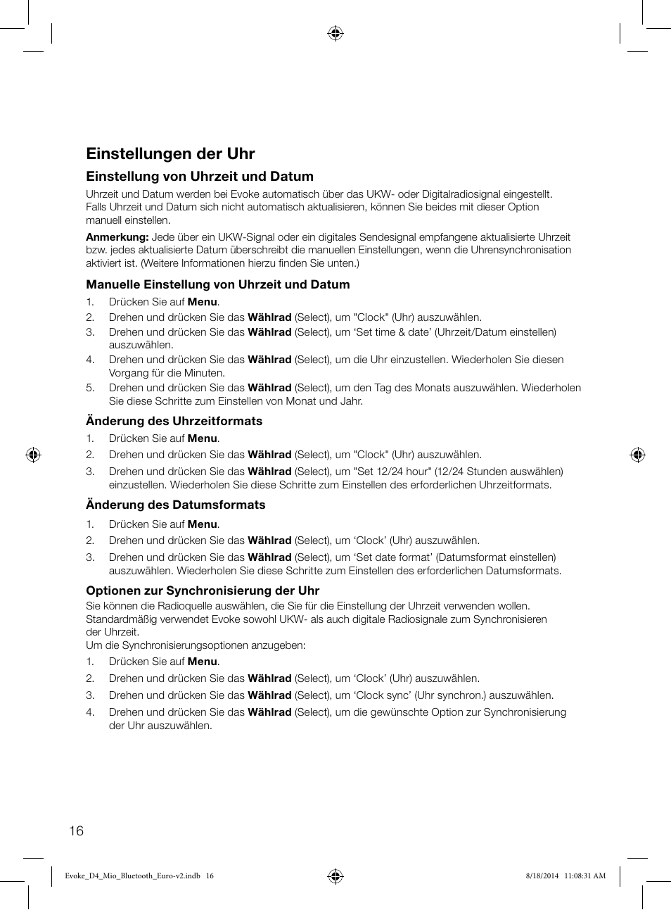 Einstellungen der uhr, Einstellung von uhrzeit und datum | Pure Evoke D4 Mio with Bluetooth User Manual | Page 18 / 116