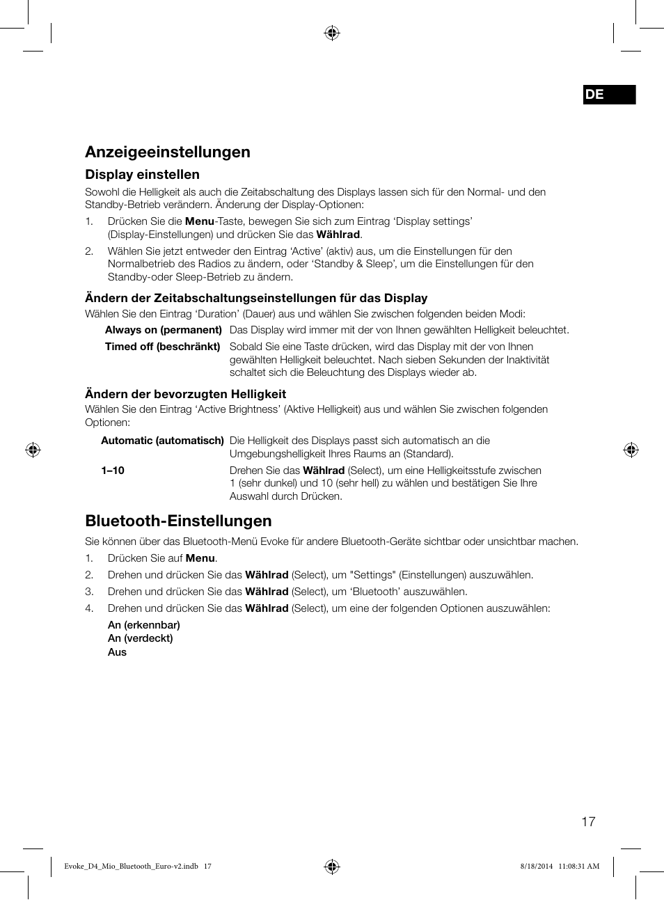 Anzeigeeinstellungen, Bluetooth-einstellungen | Pure Evoke D4 Mio with Bluetooth User Manual | Page 19 / 116