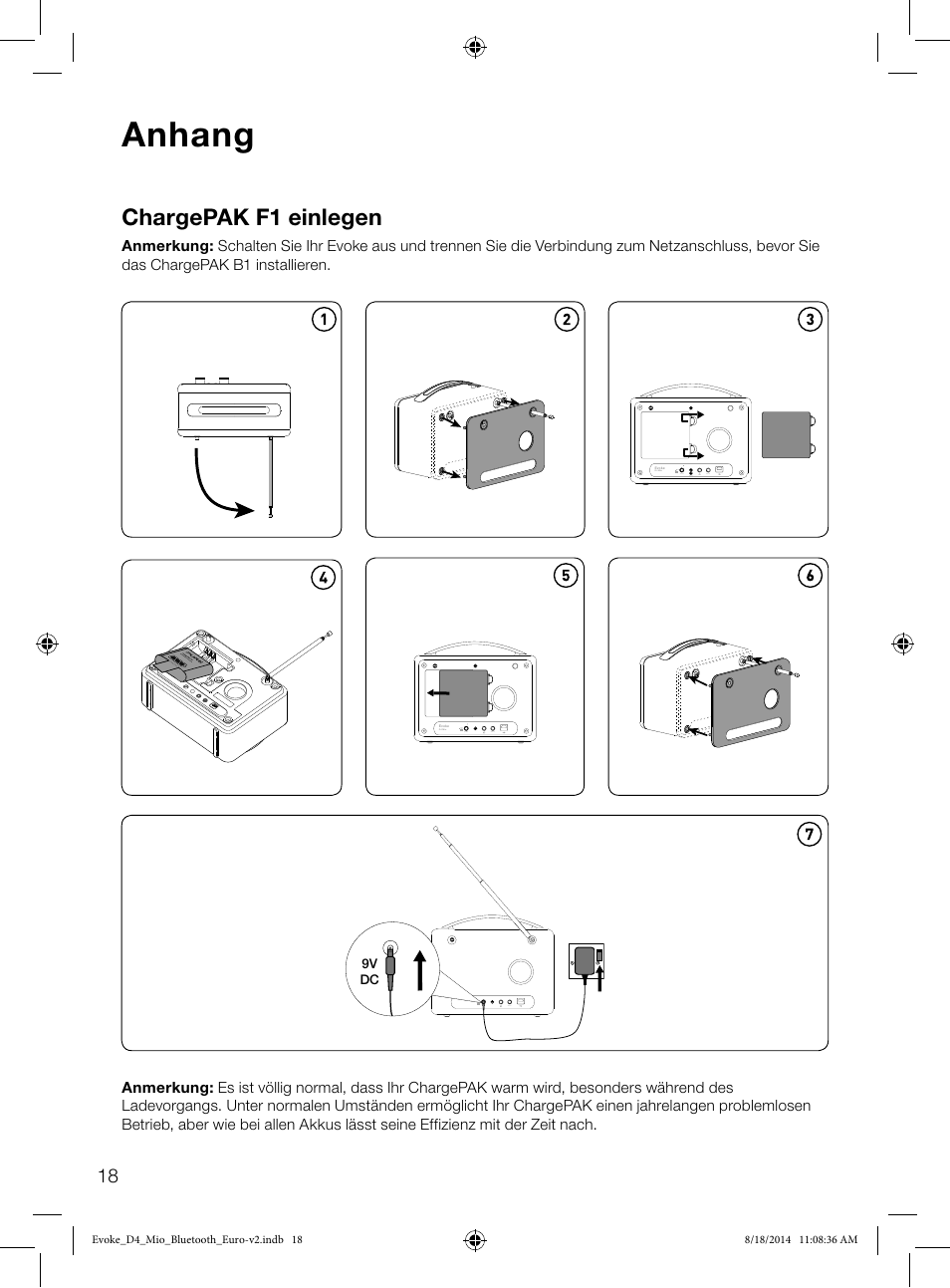 Anhang, Chargepak f1 einlegen | Pure Evoke D4 Mio with Bluetooth User Manual | Page 20 / 116