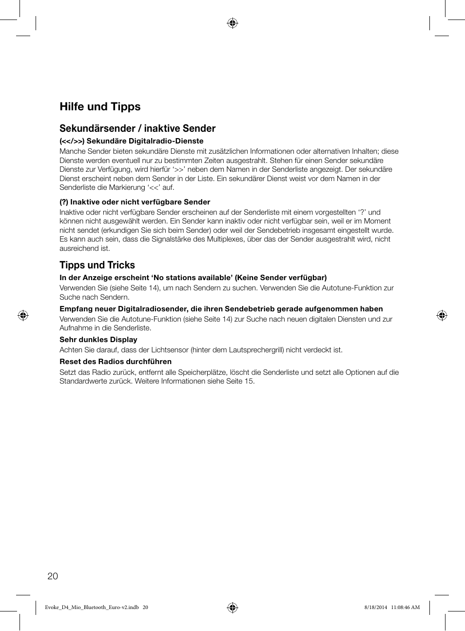 Hilfe und tipps, Sekundärsender / inaktive sender, Tipps und tricks | Pure Evoke D4 Mio with Bluetooth User Manual | Page 22 / 116