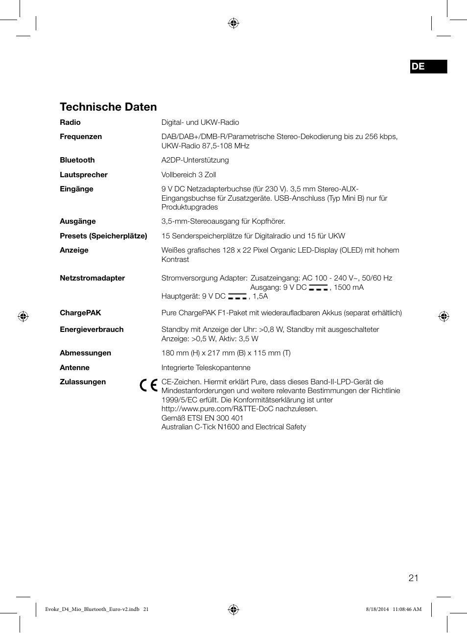 Technische daten | Pure Evoke D4 Mio with Bluetooth User Manual | Page 23 / 116