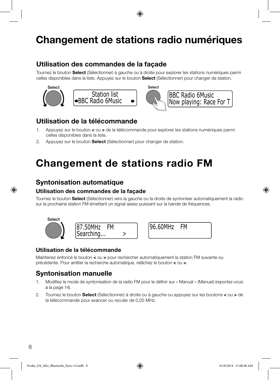 Changement de stations radio numériques, Changement de stations radio fm, 60mhz fm | Utilisation des commandes de la façade, Utilisation de la télécommande, Syntonisation automatique, Syntonisation manuelle, 50mhz fm searching | Pure Evoke D4 Mio with Bluetooth User Manual | Page 32 / 116