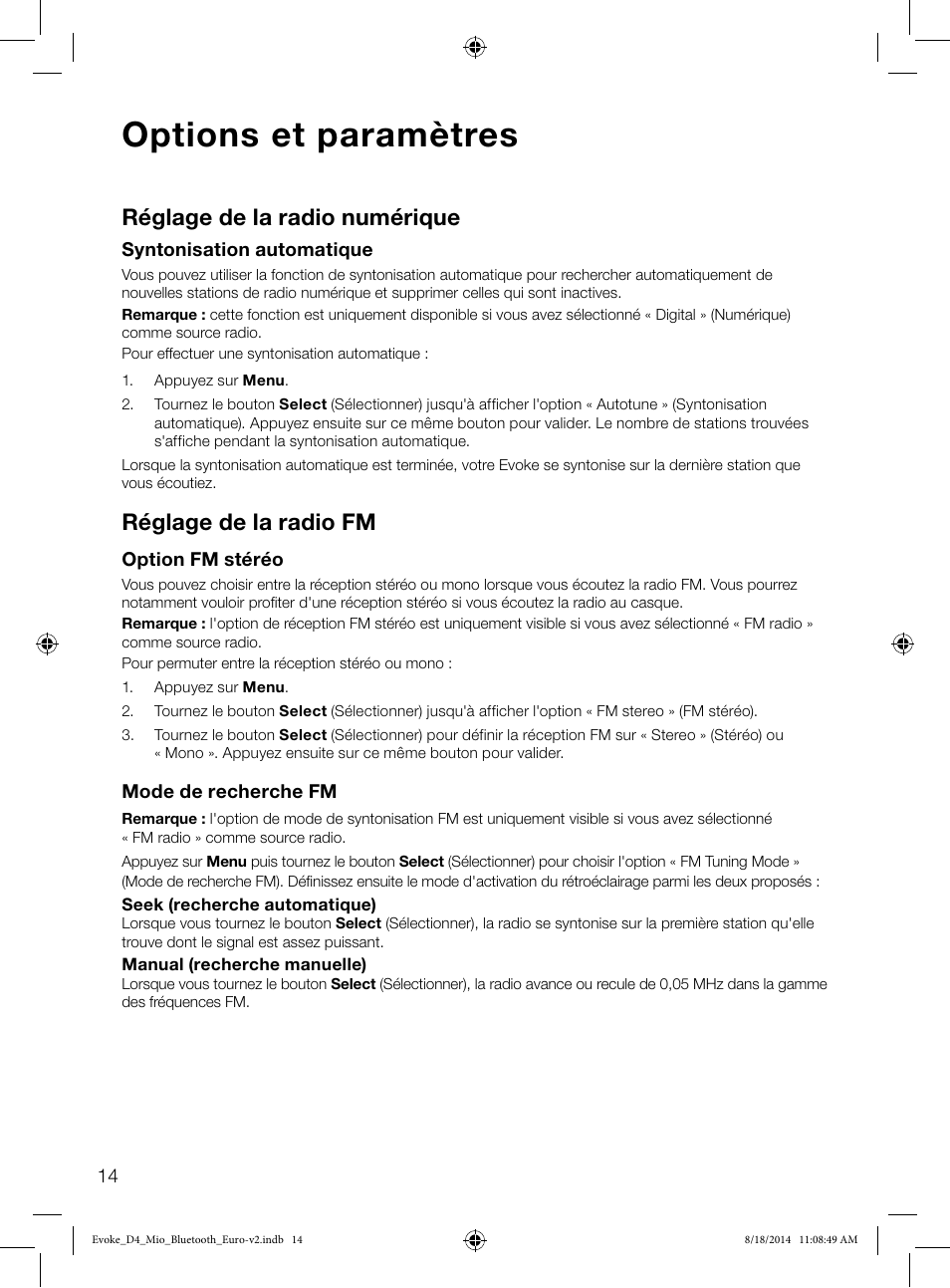 Options et paramètres, Réglage de la radio numérique, Réglage de la radio fm | Pure Evoke D4 Mio with Bluetooth User Manual | Page 38 / 116