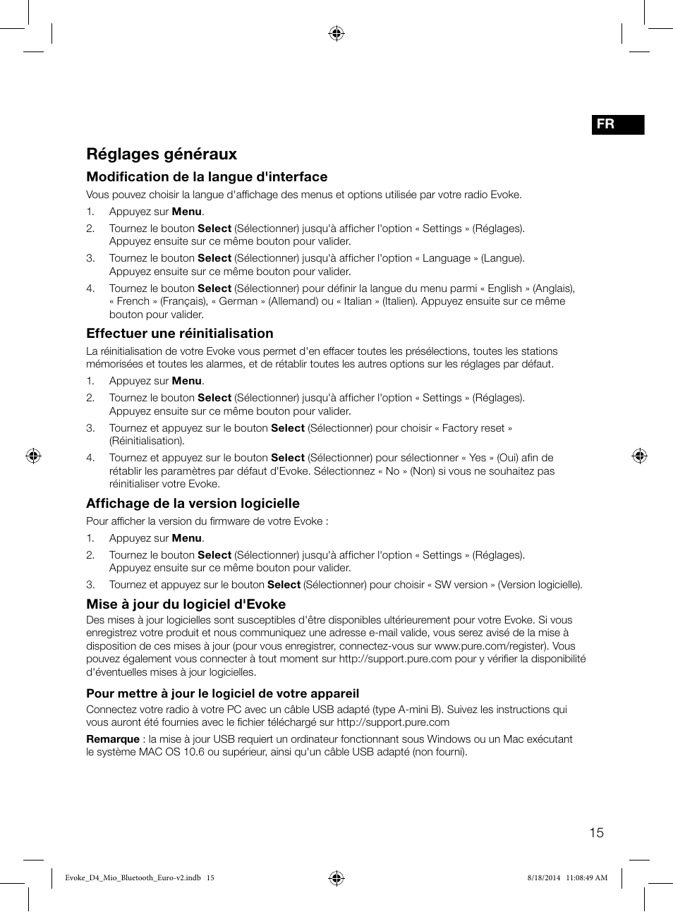 Réglages généraux | Pure Evoke D4 Mio with Bluetooth User Manual | Page 39 / 116